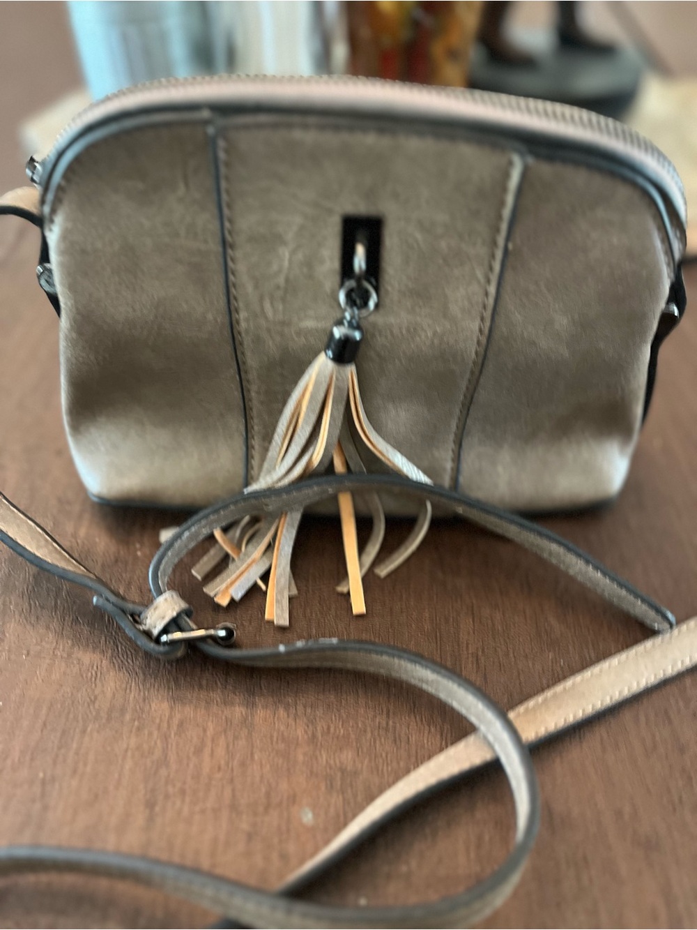 Sam & Hadley Taupe Crossbody Bag with Tassel Accent